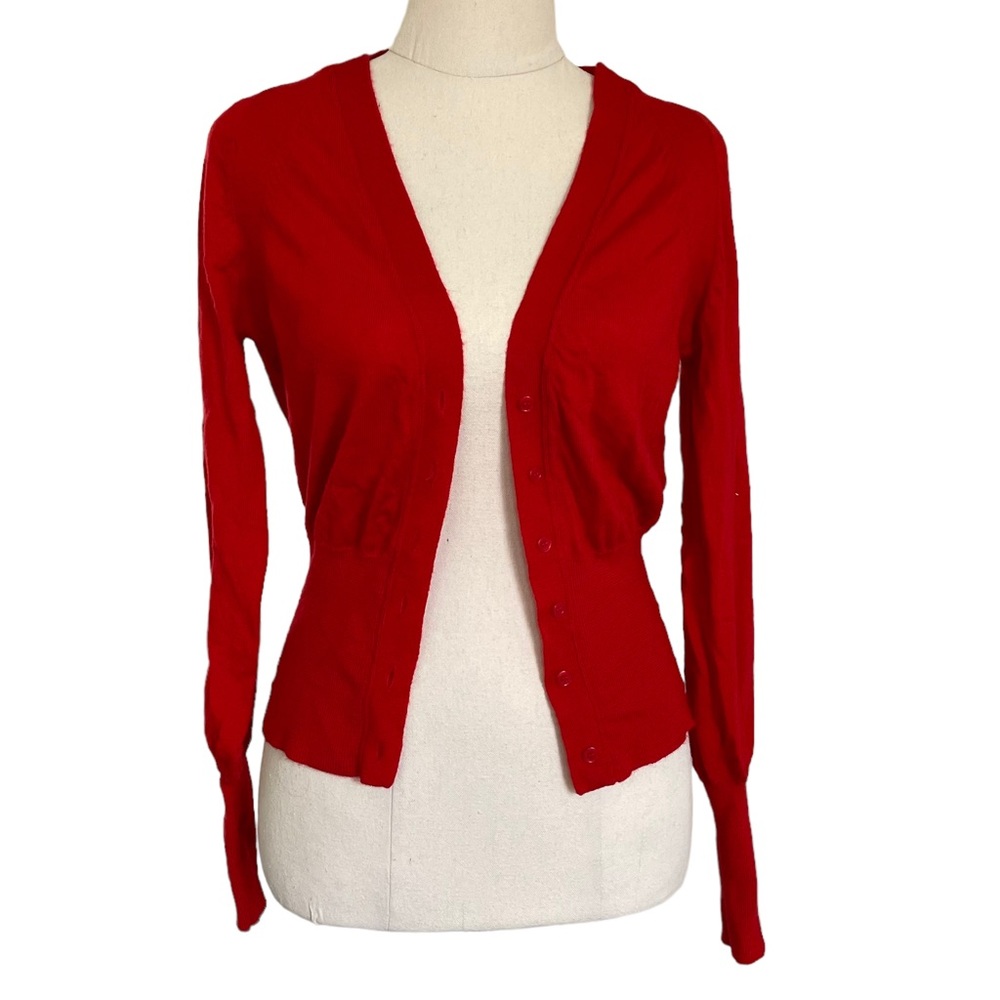 MODA INTERNATIONAL Sz S 100% Merino Wool red statement cardigan - Picture 2 of 11